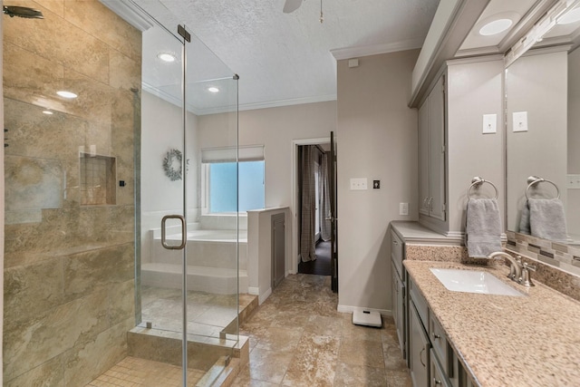 7310 Blenheim Palace Ln, Houston, TX 77095 - bathroom with a stall shower, ornamental molding, vanity, and a textured ceiling