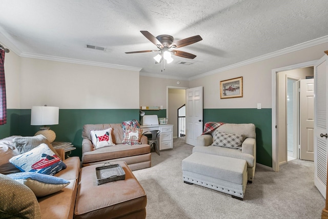 7310 Blenheim Palace Ln, Houston, TX 77095 - carpeted living area with ceiling fan and ornamental molding