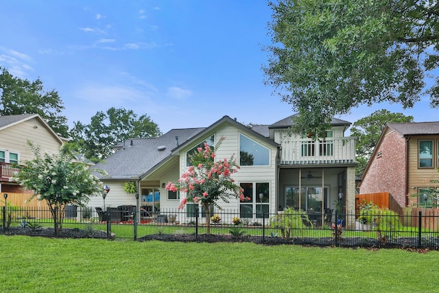 7310 Blenheim Palace Ln, Houston, TX 77095 - rear view of property with a ceiling fan, a fenced backyard, and a sunroom