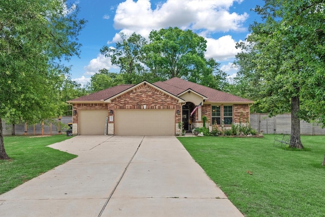 9171 White Tail Dr, Conroe, TX 77303 - ranch-style home featuring an attached garage, concrete driveway, brick siding, and roof with shingles