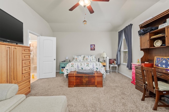 9171 White Tail Dr, Conroe, TX 77303 - bedroom featuring carpet floors, lofted ceiling, and a ceiling fan