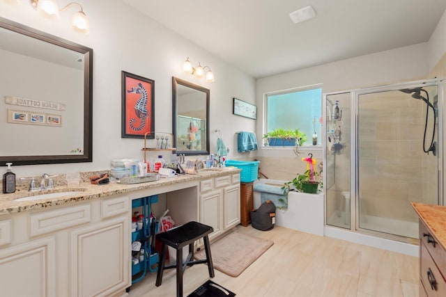 9171 White Tail Dr, Conroe, TX 77303 - full bath featuring double vanity and a stall shower