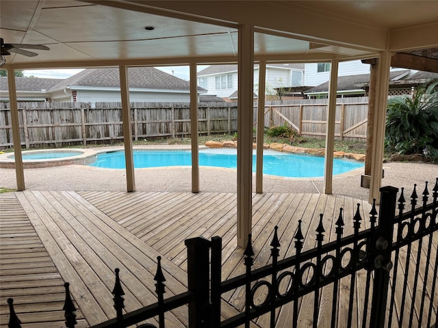 6507 Stone Briar Dr, Pasadena, TX 77505 - view of pool with an in-ground hot tub, a fenced backyard, ceiling fan, a patio area, and a deck