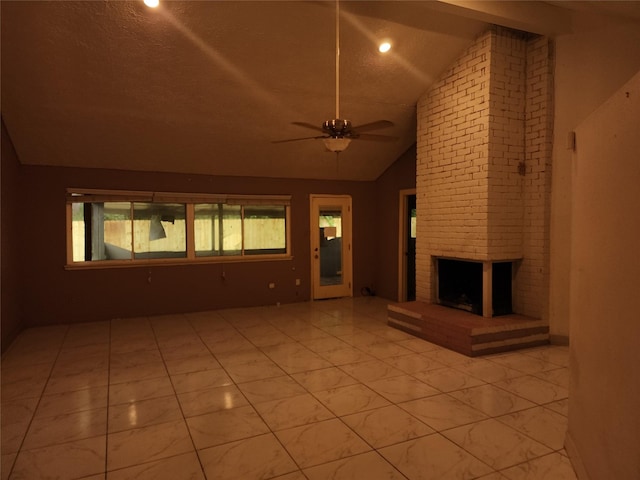 6410 Barrygate Dr, Spring, TX 77373 - unfurnished living room with lofted ceiling, a brick fireplace, a ceiling fan, and recessed lighting