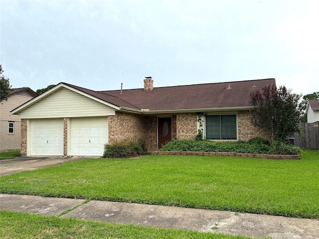 501 S Travis St, Deer Park, TX 77536 - ranch-style house with brick siding, a garage, concrete driveway, a chimney, and a shingled roof