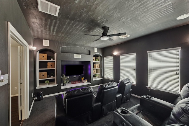 2332 Shadow Falls Ln, Pearland, TX 77584 - carpeted home theater with built in features and ceiling fan
