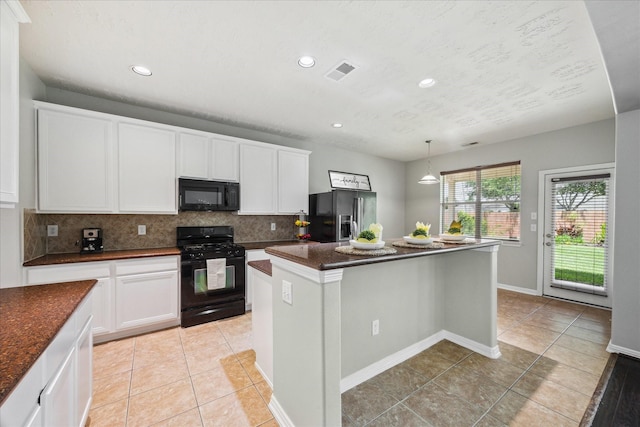 2332 Shadow Falls Ln, Pearland, TX 77584 - kitchen featuring black appliances, backsplash, a center island, white cabinets, and recessed lighting