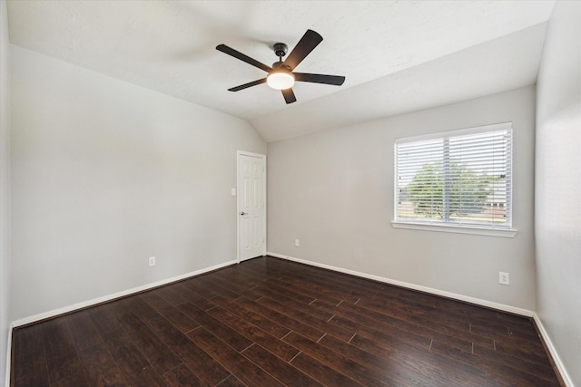 2332 Shadow Falls Ln, Pearland, TX 77584 - spare room featuring ceiling fan, lofted ceiling, and dark wood-type flooring