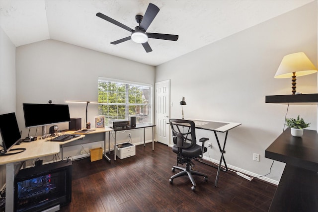2332 Shadow Falls Ln, Pearland, TX 77584 - home office with wood finished floors, ceiling fan, and vaulted ceiling