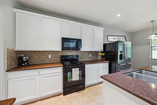 2332 Shadow Falls Ln, Pearland, TX 77584 - kitchen featuring black appliances, decorative backsplash, white cabinets, and recessed lighting