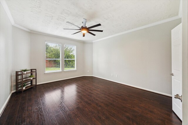 2332 Shadow Falls Ln, Pearland, TX 77584 - empty room with a ceiling fan, dark wood-style flooring, crown molding, and a textured ceiling