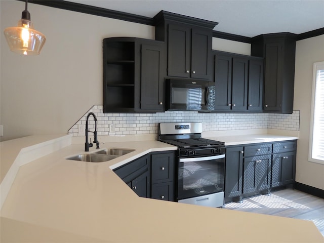 11918 Sagedowne Ln, Houston, TX 77089 - kitchen featuring black microwave, gas stove, open shelves, tasteful backsplash, and ornamental molding
