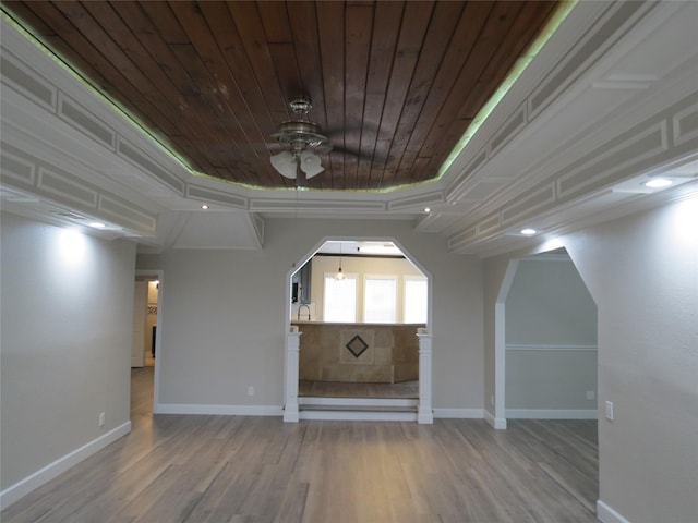 11918 Sagedowne Ln, Houston, TX 77089 - bonus room featuring a ceiling fan, arched walkways, wood finished floors, wood ceiling, and recessed lighting