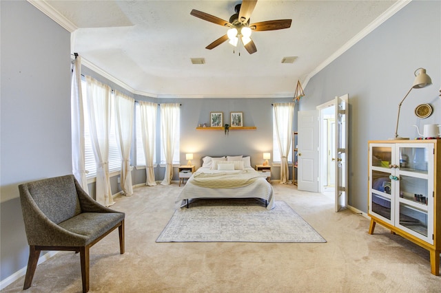 23742 Indian Hills Way, Katy, TX 77494 - bedroom with ornamental molding, light carpet, and a ceiling fan