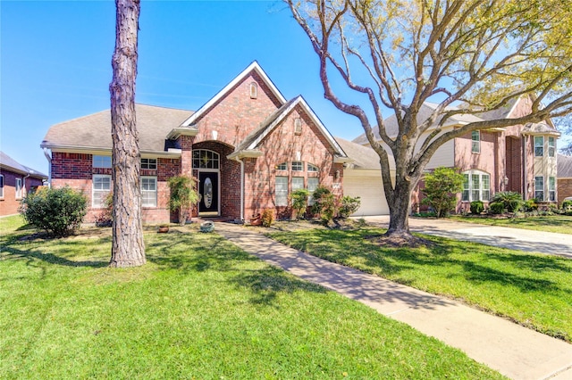 23742 Indian Hills Way, Katy, TX 77494 - traditional-style house with brick siding, a garage, a front yard, concrete driveway, and a shingled roof
