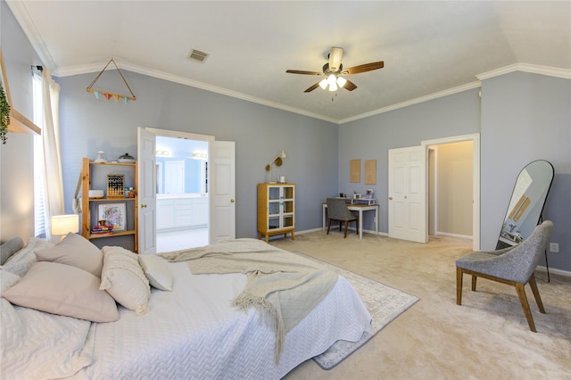 23742 Indian Hills Way, Katy, TX 77494 - carpeted bedroom with vaulted ceiling, crown molding, a ceiling fan, and connected bathroom