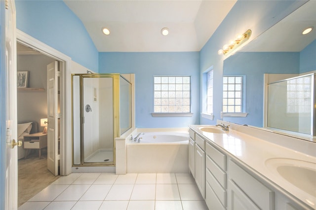 23742 Indian Hills Way, Katy, TX 77494 - ensuite bathroom featuring a bath, a shower stall, double vanity, tile patterned flooring, and recessed lighting
