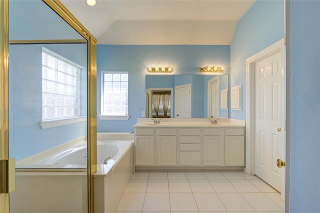 23742 Indian Hills Way, Katy, TX 77494 - full bath with double vanity, a garden tub, lofted ceiling, and tile patterned flooring