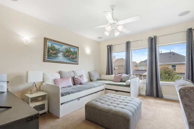 9523 Sapphire Hill Ln, Katy, TX 77494 - living area featuring light colored carpet and a ceiling fan