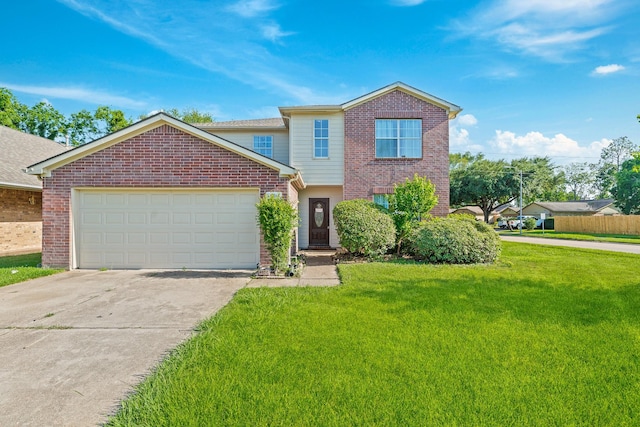 16815 Watering Oaks Ln, Houston, TX 77083 - traditional-style home with driveway, brick siding, a front lawn, and a garage