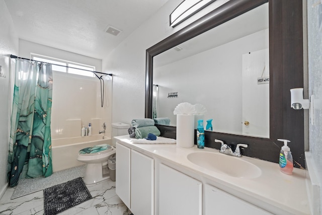 16815 Watering Oaks Ln, Houston, TX 77083 - bathroom featuring shower / bath combo, vanity, and marble finish floors