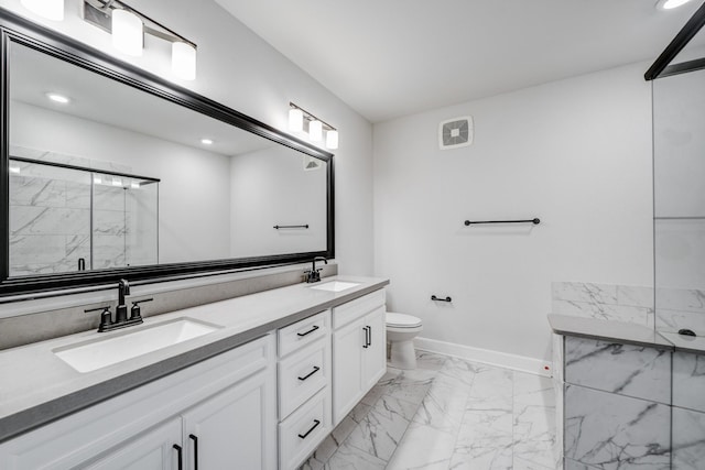 6804 Westview Dr Unit 1307, Houston, TX 77055 - bathroom featuring marble look tile flooring, double vanity, a marble finish shower, and recessed lighting