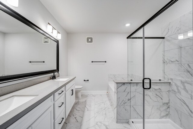 6804 Westview Dr Unit 1307, Houston, TX 77055 - full bath featuring marble finish flooring, double vanity, a garden tub, a marble finish shower, and recessed lighting