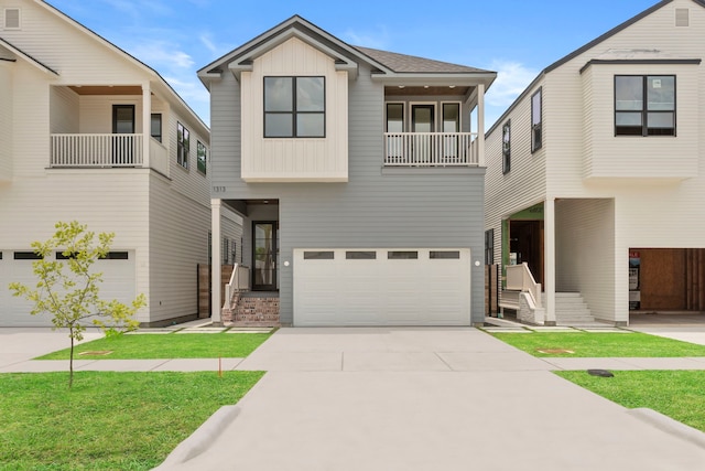 1313 Waverly St, Houston, TX 77008 - view of front of house with a balcony, concrete driveway, a garage, board and batten siding, and a front yard