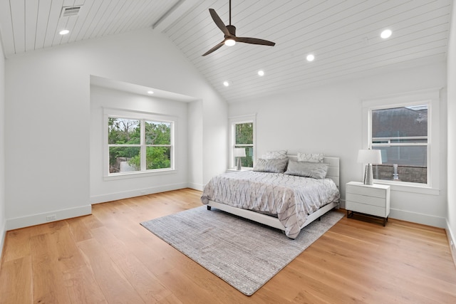 1313 Waverly St, Houston, TX 77008 - bedroom with light wood-style flooring, recessed lighting, a wood ceiling with exposed beams, ceiling fan, and high vaulted ceiling
