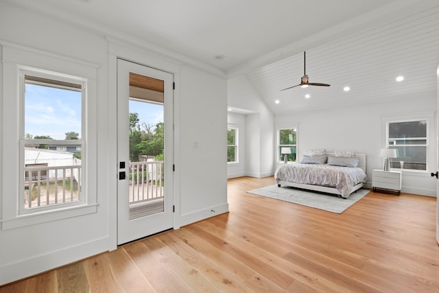 1313 Waverly St, Houston, TX 77008 - bedroom featuring access to exterior, multiple windows, light wood finished floors, lofted ceiling, and recessed lighting