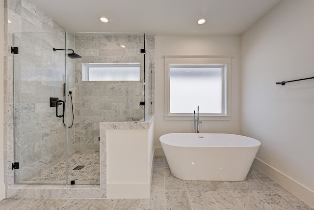 1313 Waverly St, Houston, TX 77008 - bathroom with a soaking tub, a marble finish shower, and recessed lighting