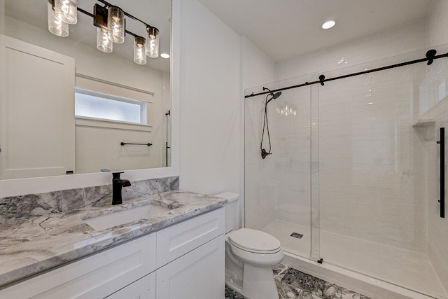 1313 Waverly St, Houston, TX 77008 - full bath featuring vanity, a shower stall, recessed lighting, and marble finish floors