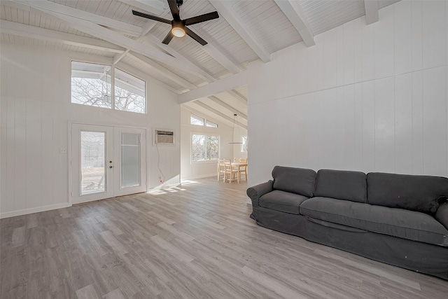 492 Trinity Rd, Dayton, TX 77535 - living room with high vaulted ceiling, wood finished floors, beam ceiling, and a ceiling fan