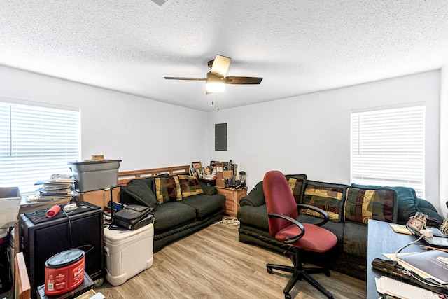5673 Fm 1094th Rd, Sealy, TX 77474 - office with electric panel, wood finished floors, healthy amount of natural light, a ceiling fan, and a textured ceiling