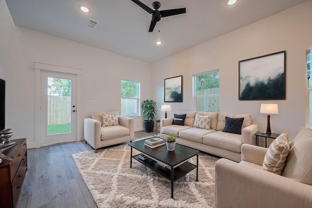 6749 Liverpool St, Houston, TX 77021 - living room with a ceiling fan, healthy amount of natural light, wood finished floors, and recessed lighting
