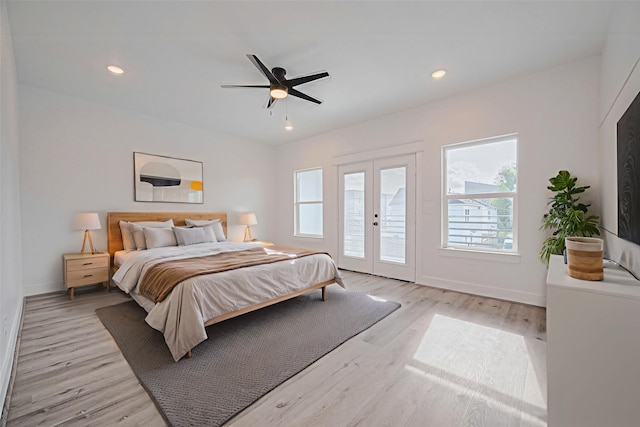 6749 Liverpool St, Houston, TX 77021 - bedroom with access to outside, french doors, recessed lighting, light wood-type flooring, and a ceiling fan