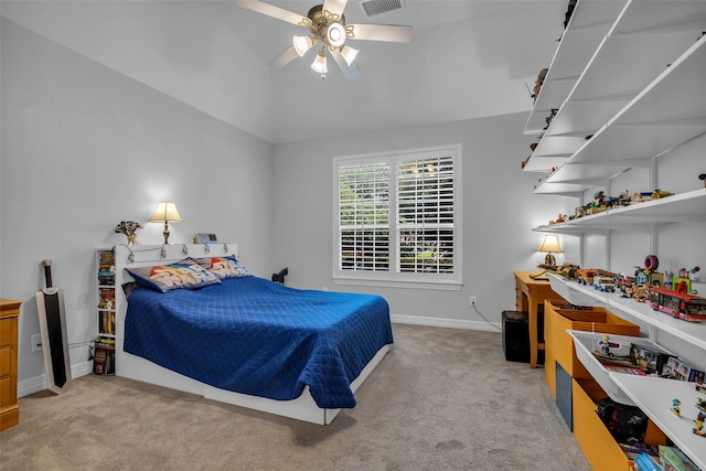 5523 Darschelle Dr, Houston, TX 77069 - bedroom with light colored carpet, lofted ceiling, and ceiling fan