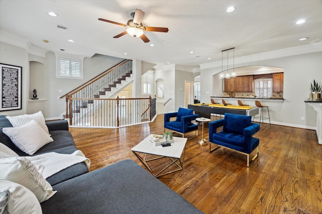 918 Detering St, Houston, TX 77007 - living room with wood finished floors, a ceiling fan, crown molding, stairs, and recessed lighting