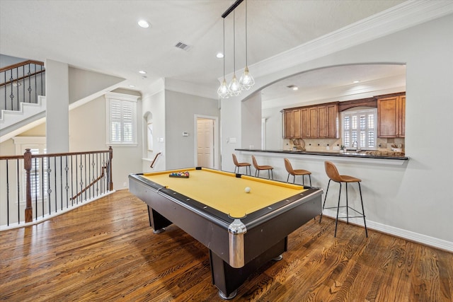 918 Detering St, Houston, TX 77007 - game room with ornamental molding, dark wood-style floors, recessed lighting, arched walkways, and billiards