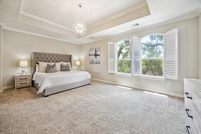 918 Detering St, Houston, TX 77007 - bedroom with a raised ceiling, carpet flooring, a chandelier, and crown molding