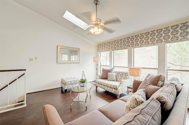 2277 S Kirkwood Rd Unit 906, Houston, TX 77077 - living room with lofted ceiling, a ceiling fan, a skylight, ornamental molding, and dark wood-type flooring