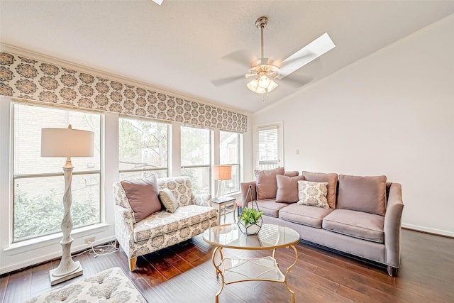 2277 S Kirkwood Rd Unit 906, Houston, TX 77077 - living area with vaulted ceiling, ornamental molding, wood finished floors, and ceiling fan