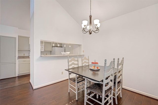 2277 S Kirkwood Rd Unit 906, Houston, TX 77077 - dining space featuring a chandelier, high vaulted ceiling, and dark wood-style flooring