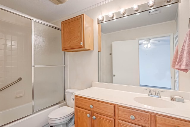 2277 S Kirkwood Rd Unit 906, Houston, TX 77077 - bathroom with vanity, shower / bath combination with glass door, ceiling fan, and crown molding