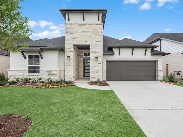 14328 Moonlit Creek Ct, Montgomery, TX 77316 - view of front of house with stone siding, a shingled roof, a garage, and stucco siding