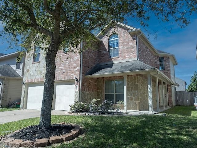 14110 Long Meadow Dr, Houston, TX 77047 - view of side of property with an attached garage, concrete driveway, stone siding, and brick siding