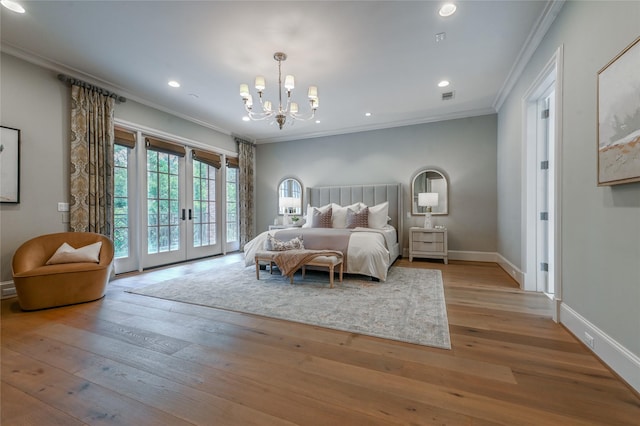 3028 Locke Ln, Houston, TX 77019 - bedroom with access to outside, a chandelier, french doors, ornamental molding, and hardwood / wood-style flooring