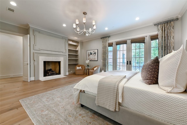 3028 Locke Ln, Houston, TX 77019 - bedroom featuring crown molding, light wood-type flooring, a tiled fireplace, access to outside, and recessed lighting
