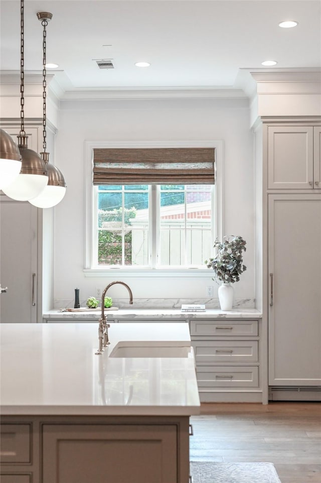 3028 Locke Ln, Houston, TX 77019 - kitchen with crown molding, plenty of natural light, light countertops, light wood-style flooring, and pendant lighting