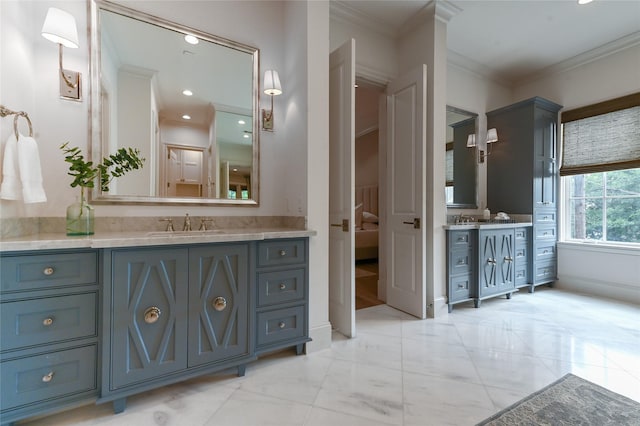 3028 Locke Ln, Houston, TX 77019 - ensuite bathroom with crown molding, vanity, and marble look tiles